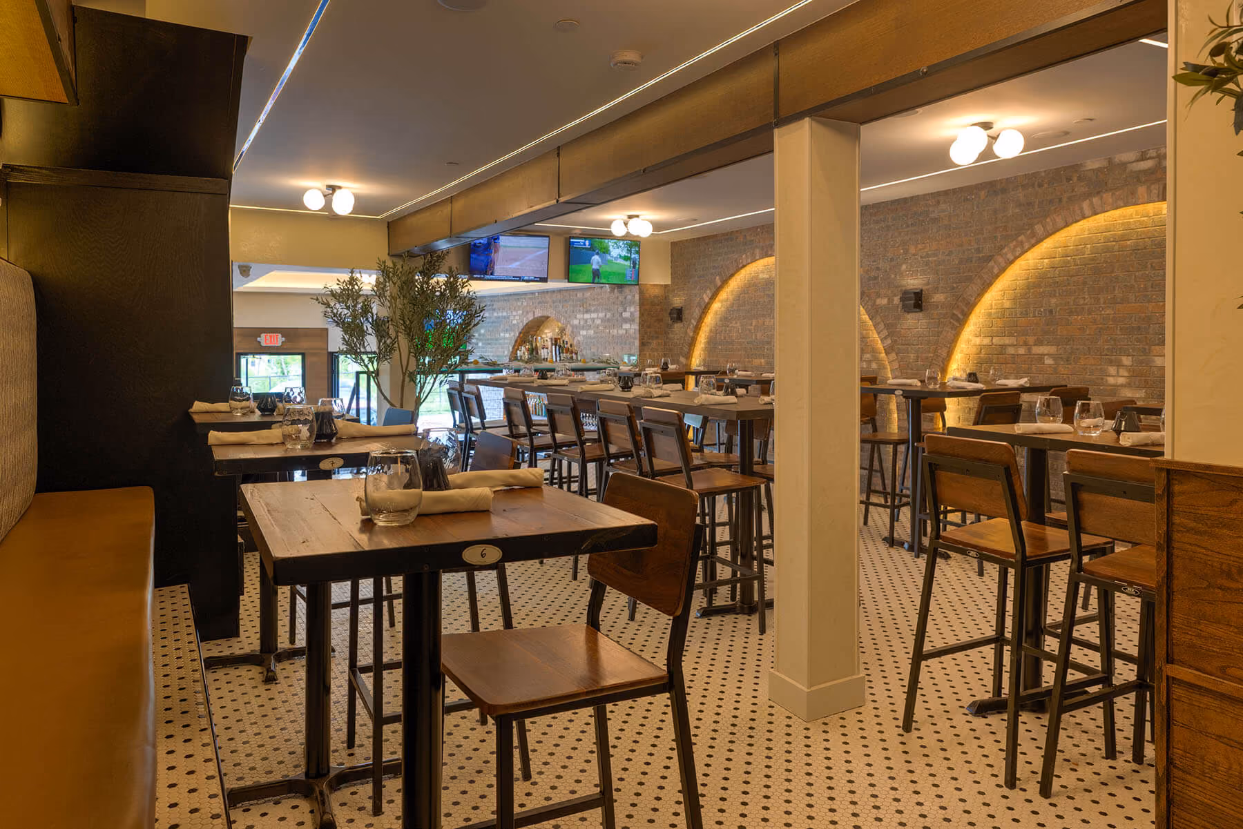 Elegant indoor dining room with bar seating