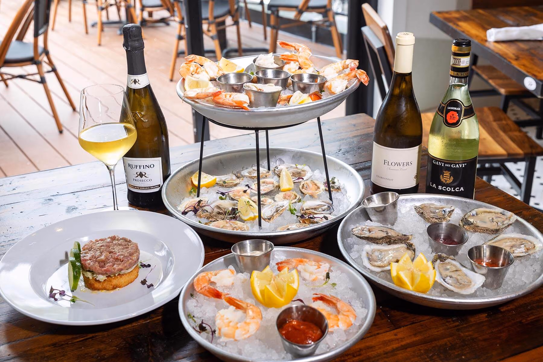Chilled seafood tower with oysters and shrimp
