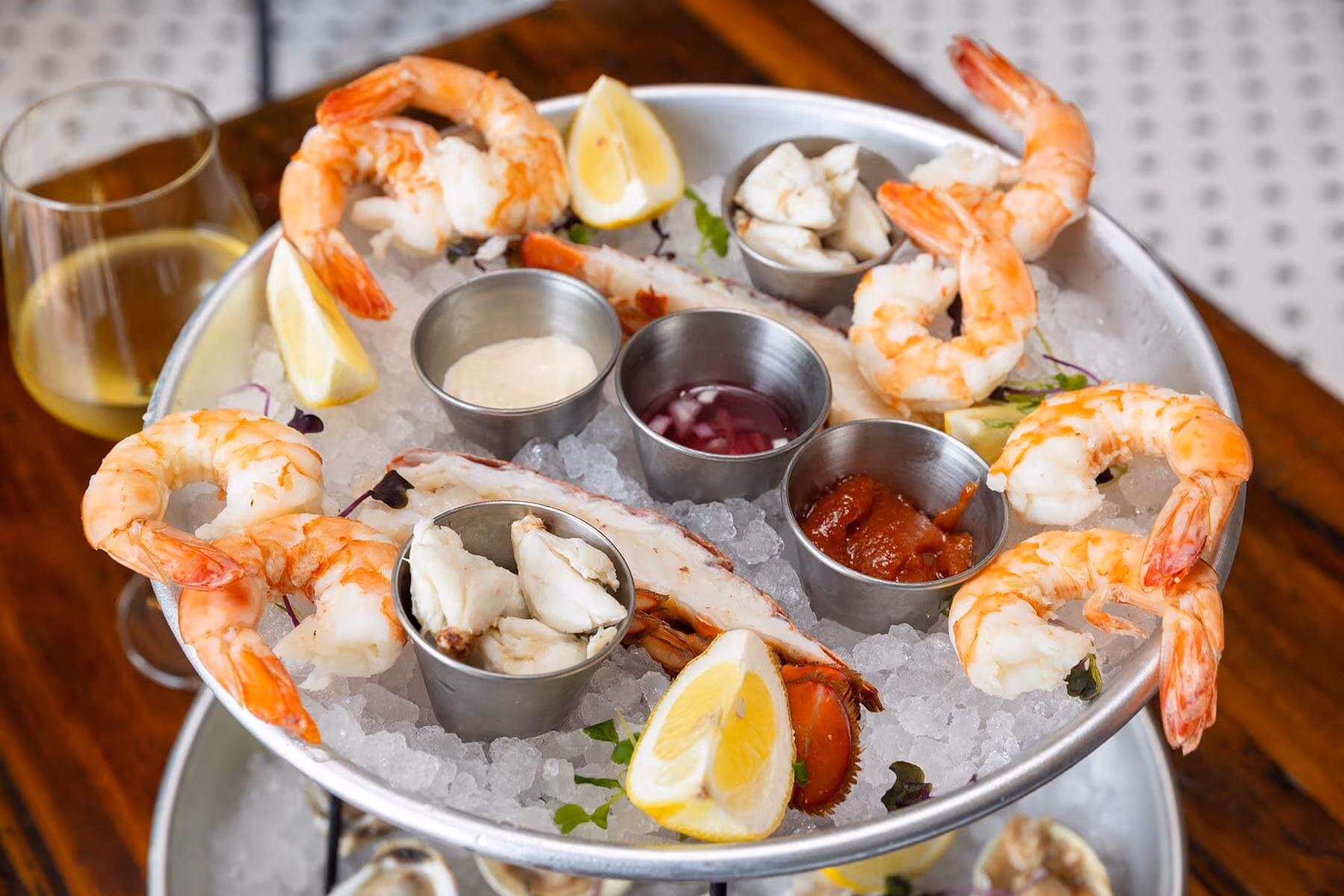 Fresh seafood tower with oysters and shrimp