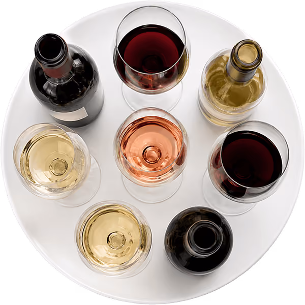 Selection of red, white, rosé, and sparkling wines served in elegant glasses.